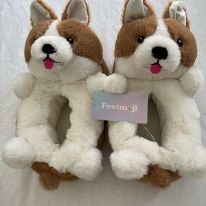 Brown and White Corgi Plush Slippers